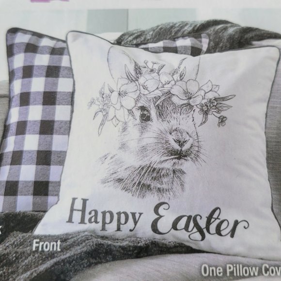 Happy Easter Bunny Accent Pillow Cover NWT Black and White - Picture 1 of 5